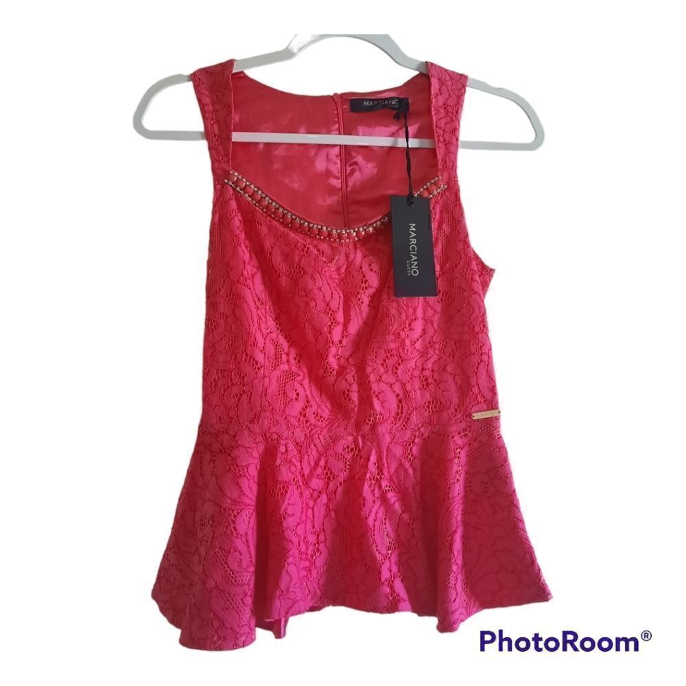 Marciano Guess Jeweled Peplum Lace Sleeveless Blouse Top
